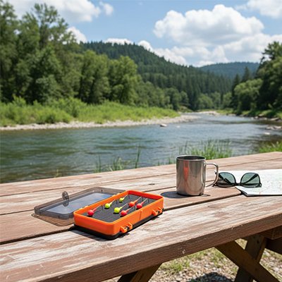 Boite de peche orange ouverte avec leurre