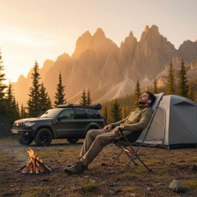 Chaise de camping gris avec homme au repos dans camping montagneux