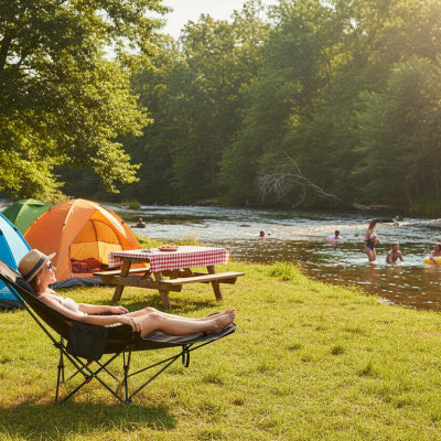 Chaise de camping inclinable avec femme surveillant les gens dans l'eau