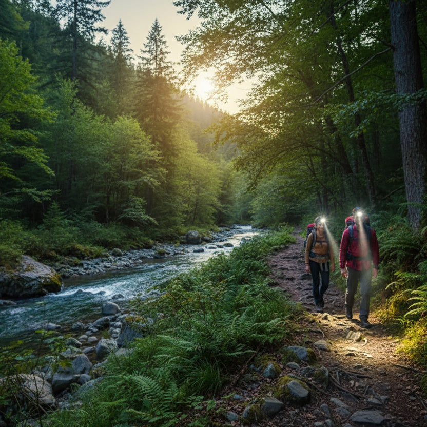 Couple de randonneur avec lampe frontale dans un sentier border d'une rivière