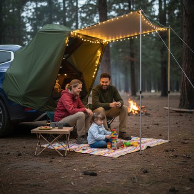 famille regarde enfant jouer sous Tente voiture