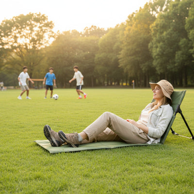 Femme allongée sur chaise de sol de camping regardant les jeunes jouer au ballon.