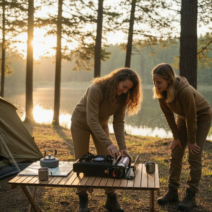 Femme installant la bouteille de gaz dans le réchaud à gaz