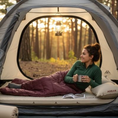 Femme prend son café sur Matelas gonflable 2 personnes
