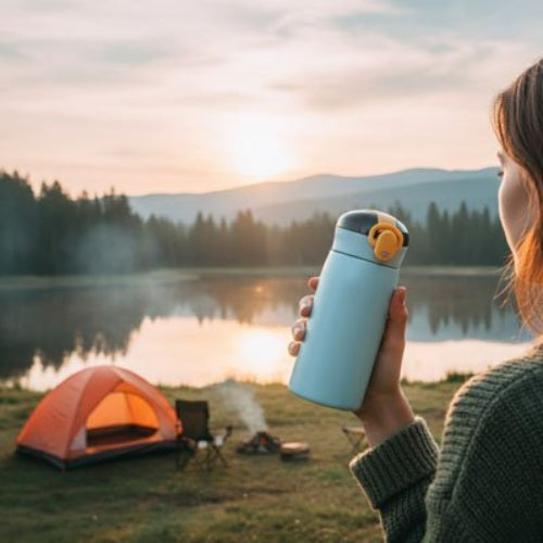 femme regarde lac avec gourde isotherme EcoTemp en main