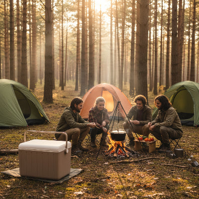 Glaciere sur tapis de sol dans une campement et amis prépare le repas