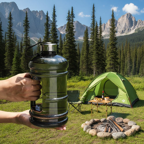 Gourde de plastique noir transparent dans environnement de camping