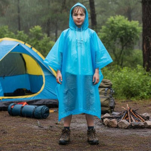 Graçon devant tente avec Poncho pluie