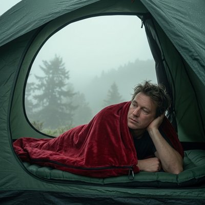 Homme dans Sac de couchage regardant la bruine