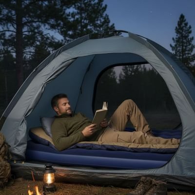 homme fait lecture avant le repos surMatelas gonflable 2 personnes Bleu