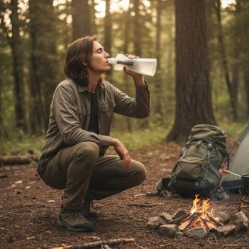 Homme sacs a dos avec gourde filtrante eau pure se desaltere