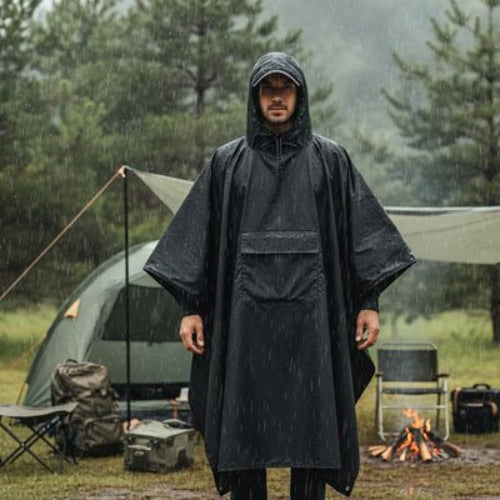Homme sous la pluie avec Poncho pluie