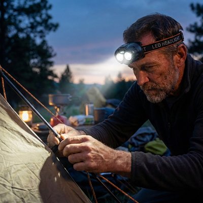 Lampe frontale pour faciliter ajustement de tente