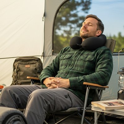 Oreiller voyage pour homme en repos dans sa tente