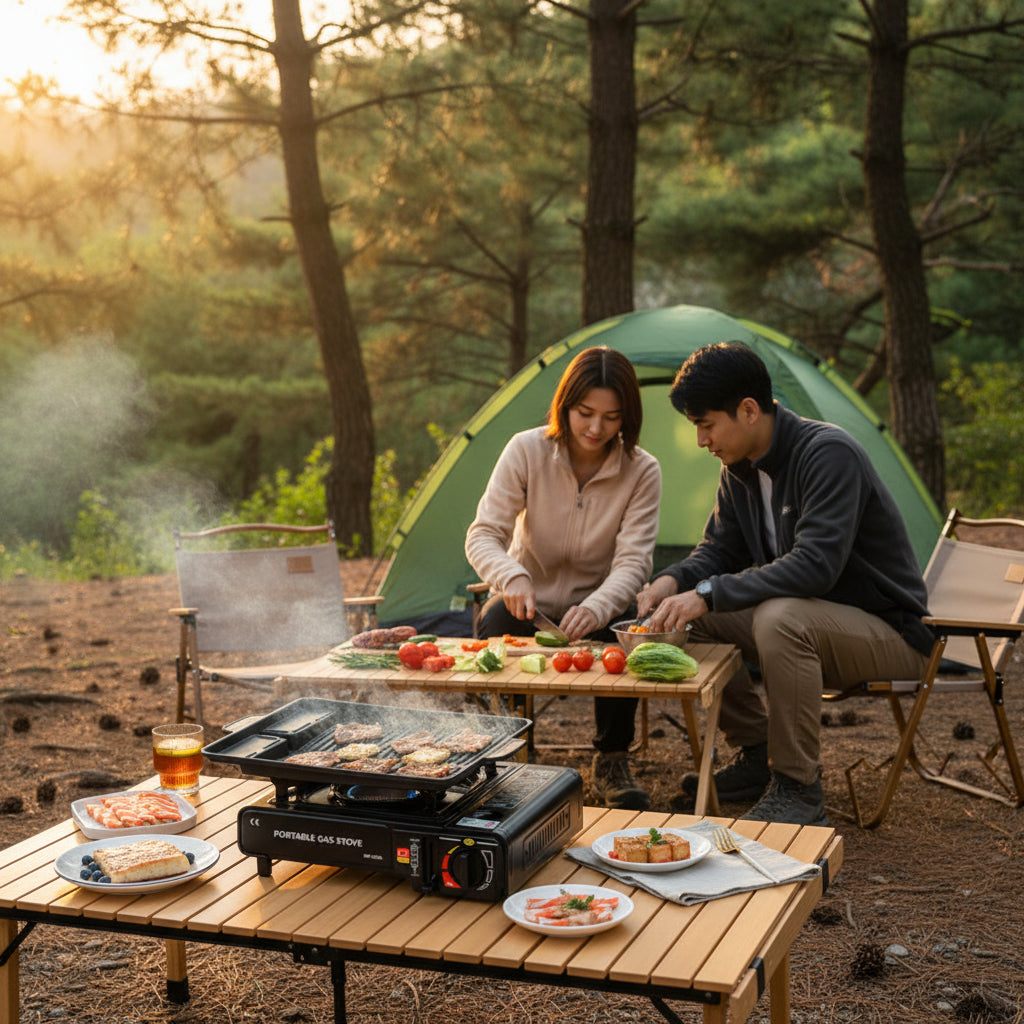 réchaud à gaz en fonction sur table de camping