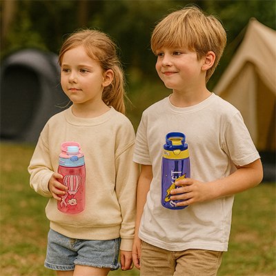 2 enfants avec Gourde enfant en promenade
