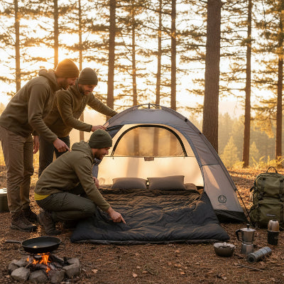 3 Personnes examine le sac de couchage 2 personnes dans un campement