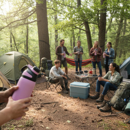 femme arrive avec gourde isotherme 1L rose dans un campement forestier