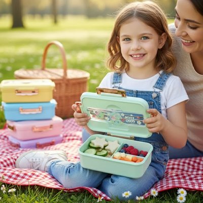 fillette heureuse avec Lunch box enfant pratique et ludique