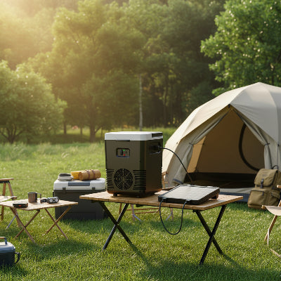 Glacière en recharge sur table de campping