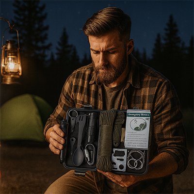 Homme présente son kit de survie pour camping