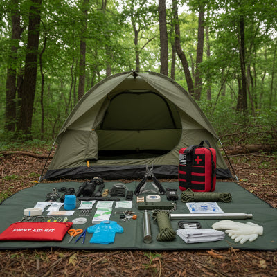 Kit de survie rouge avec produits étalés