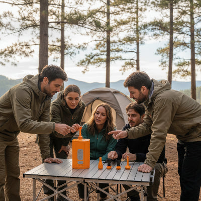 Personnes examine la pompe a air avec leur accessoires sur table de camping