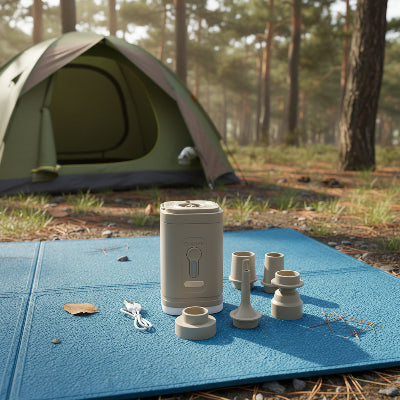 Pompe a air avec accessoires sur tapis de sol bleu 