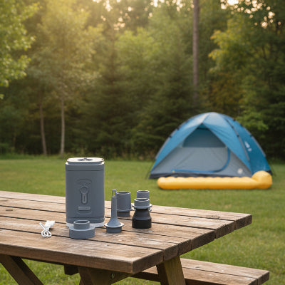 Présentation Pompe a air gris sur table de camping