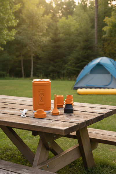 Présentation Pompe a air orange sur table de camping
