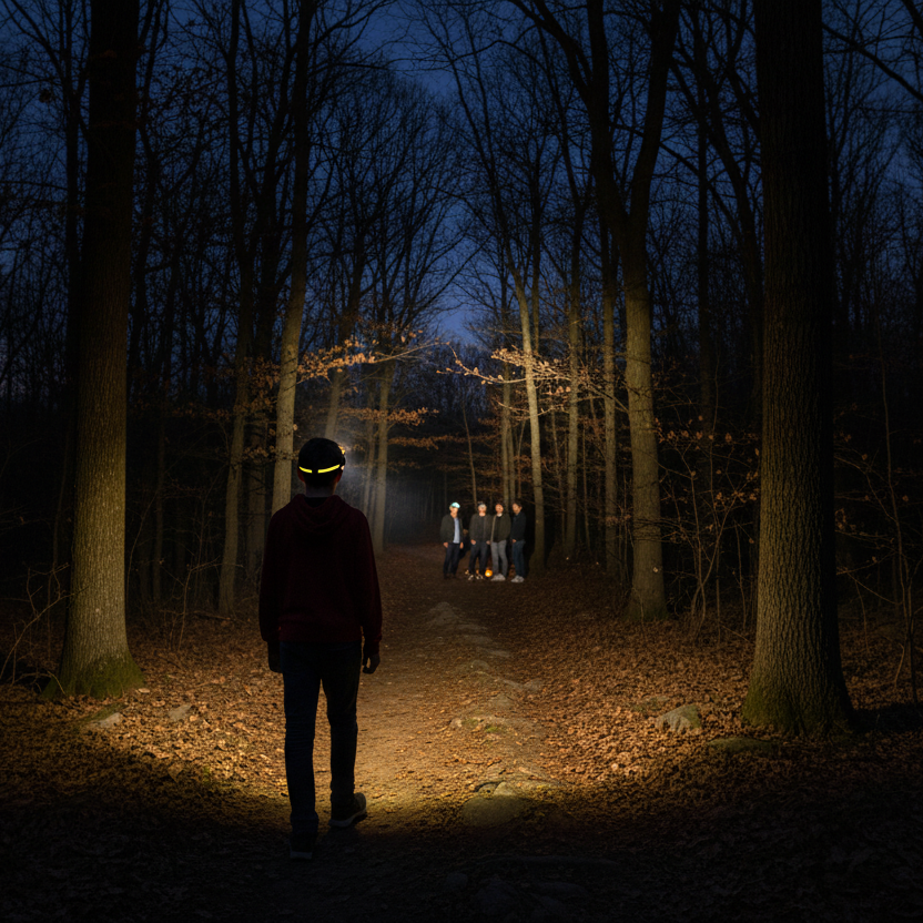 adolescent avec lampe frontale qui rejoints de amis