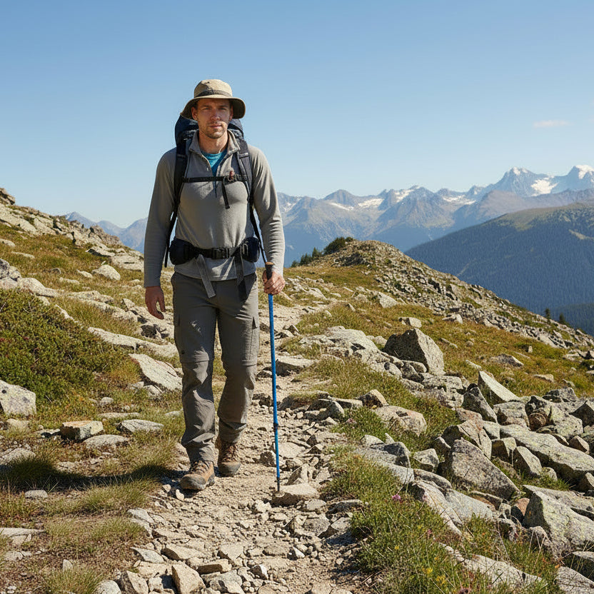 bâton de randonnée bleu avec homme dans un sentiers montagneux