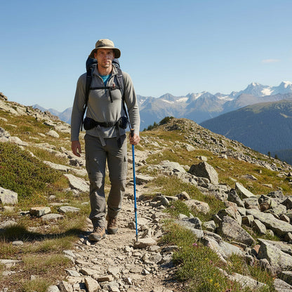 bâton de randonnée bleu avec homme dans un sentiers montagneux