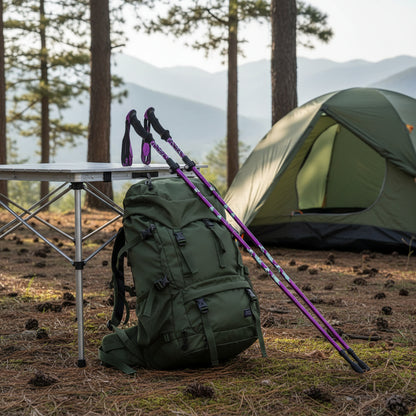 Bâton de randonnée pourpre près d'une tente avec sac a dos a proximité