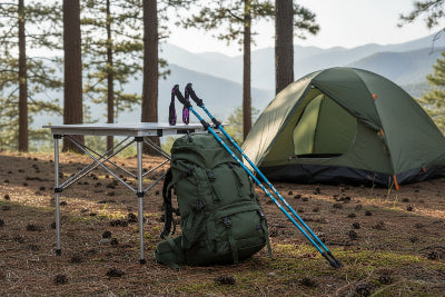 Bâton de randonnée Bleu près d'une tente avec sac a dos a proximité