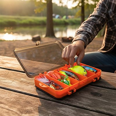 Boite de peche orange avec couvercle transparent