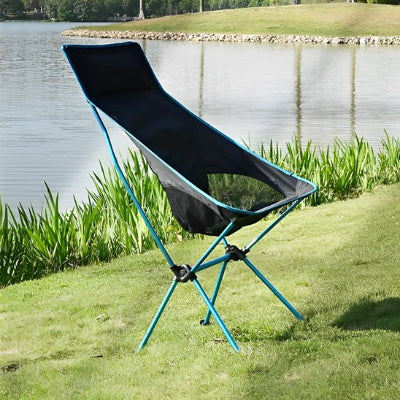 Chaise de camping cadre bleu et tissu noir