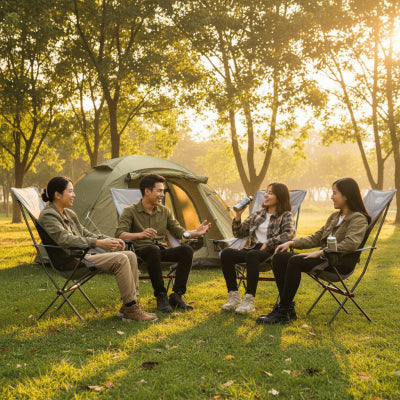 Chaise de camping gris dossier haut avec amis en discussion 