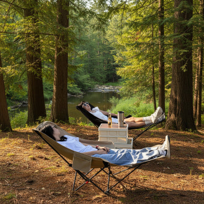 Chaise de camping inclinable avec deux personne en détente