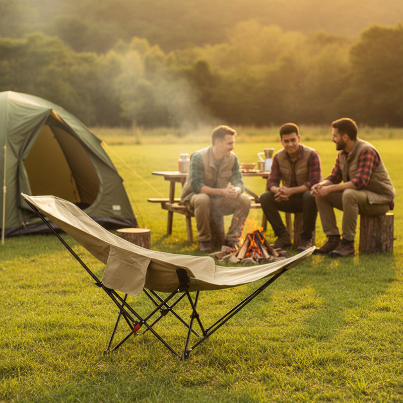 Chaise de camping inclinable khaki sous les regards d'amis en camping