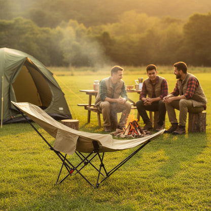 Chaise de camping inclinable khaki sous les regards d'amis en camping