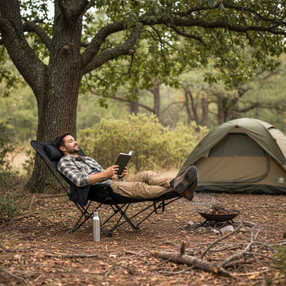 Chaise de camping inclinable noir avec homme en détente