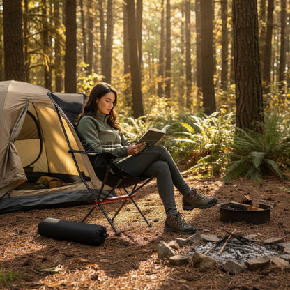 Chaise de camping long dossier avec femme faisant lecture aux abord de la forêt