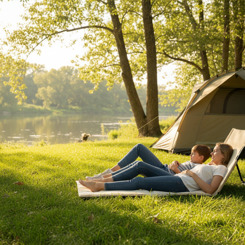 Chaise de sol de camping avec femme et enfant admirant la rivière