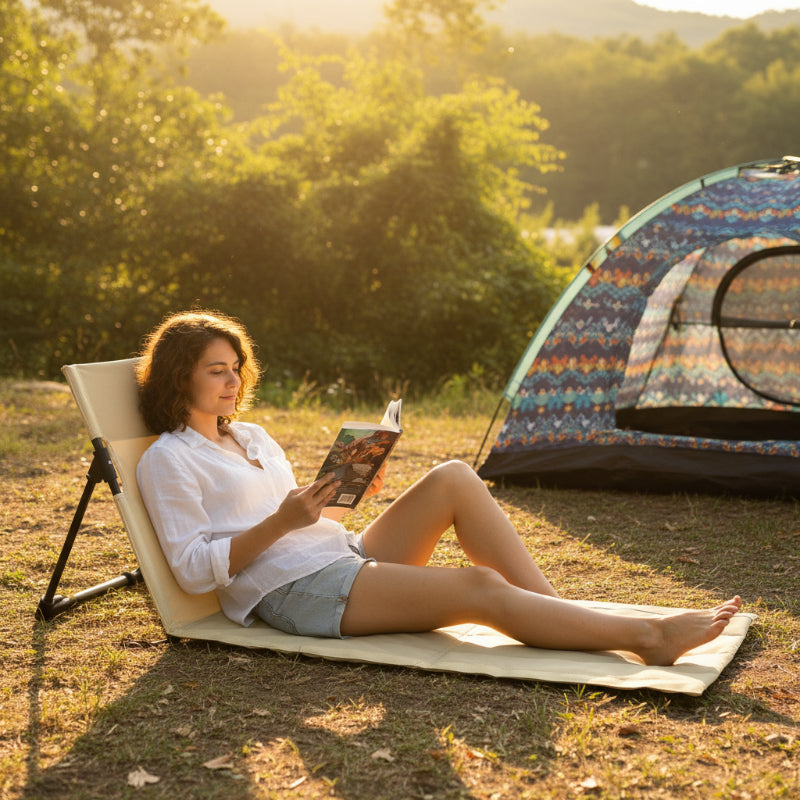Chaise de sol de camping avec femme relaxant avec un livre