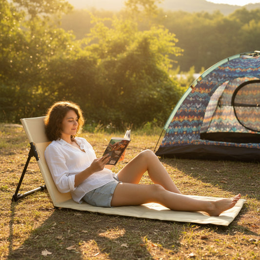 Chaise de sol de camping avec femme relaxant avec un livre