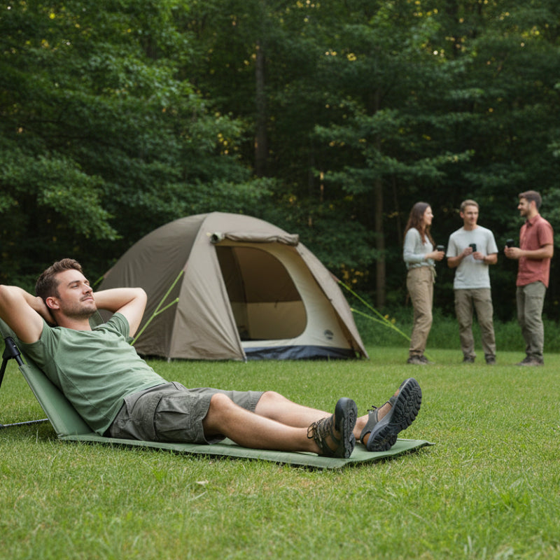 Chaise de sol de camping vert sur gazon dans un camping chaleureux