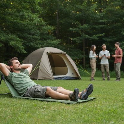 Chaise de sol de camping vert sur gazon dans un camping chaleureux