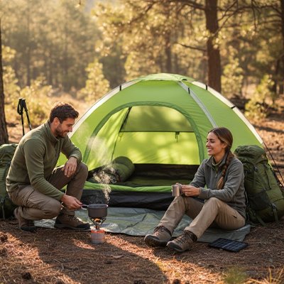 couple prenant café devant tente trekking 2 places  