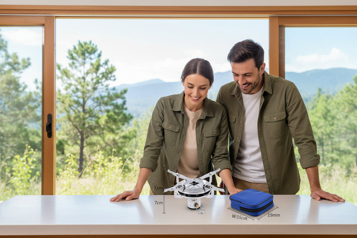 Couple admirant leur nouvel achat réchaud à gaz de camping